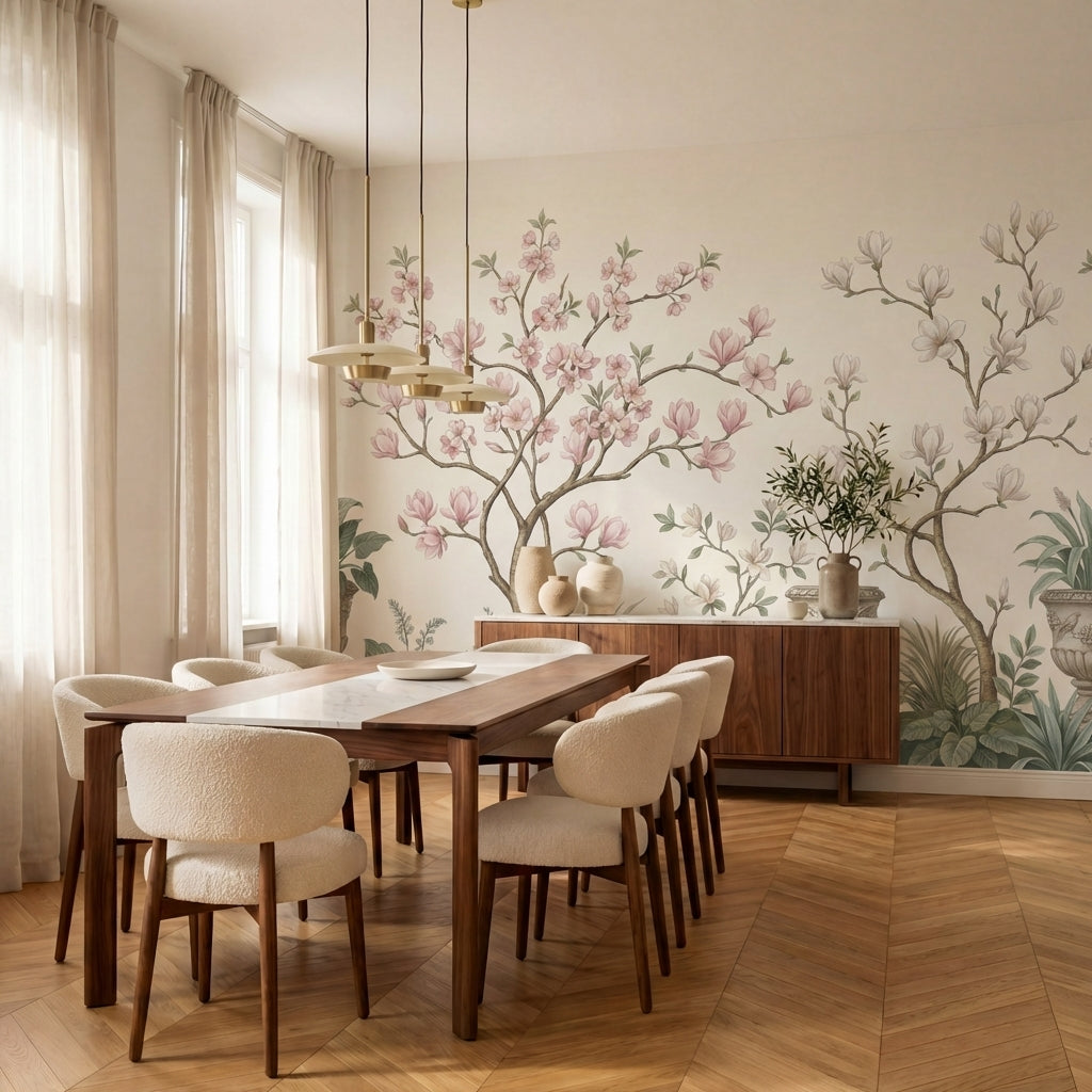 papier peint panoramique chinoiserie magnolias roses branches urnes decoratives -VARIANTE-9