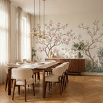 papier peint panoramique chinoiserie magnolias roses branches urnes decoratives -VARIANTE-9