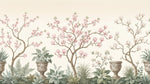 Papier peint panoramique chinoiserie - Magnolias roses branches urnes décoratives fond crème champagne sur mesure - Design