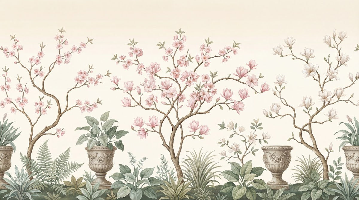 Papier peint panoramique chinoiserie - Magnolias roses branches urnes décoratives fond crème champagne sur mesure - Design