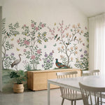 papier peint panoramique chinoiserie oiseaux branches fleuries grues paon tons r-2