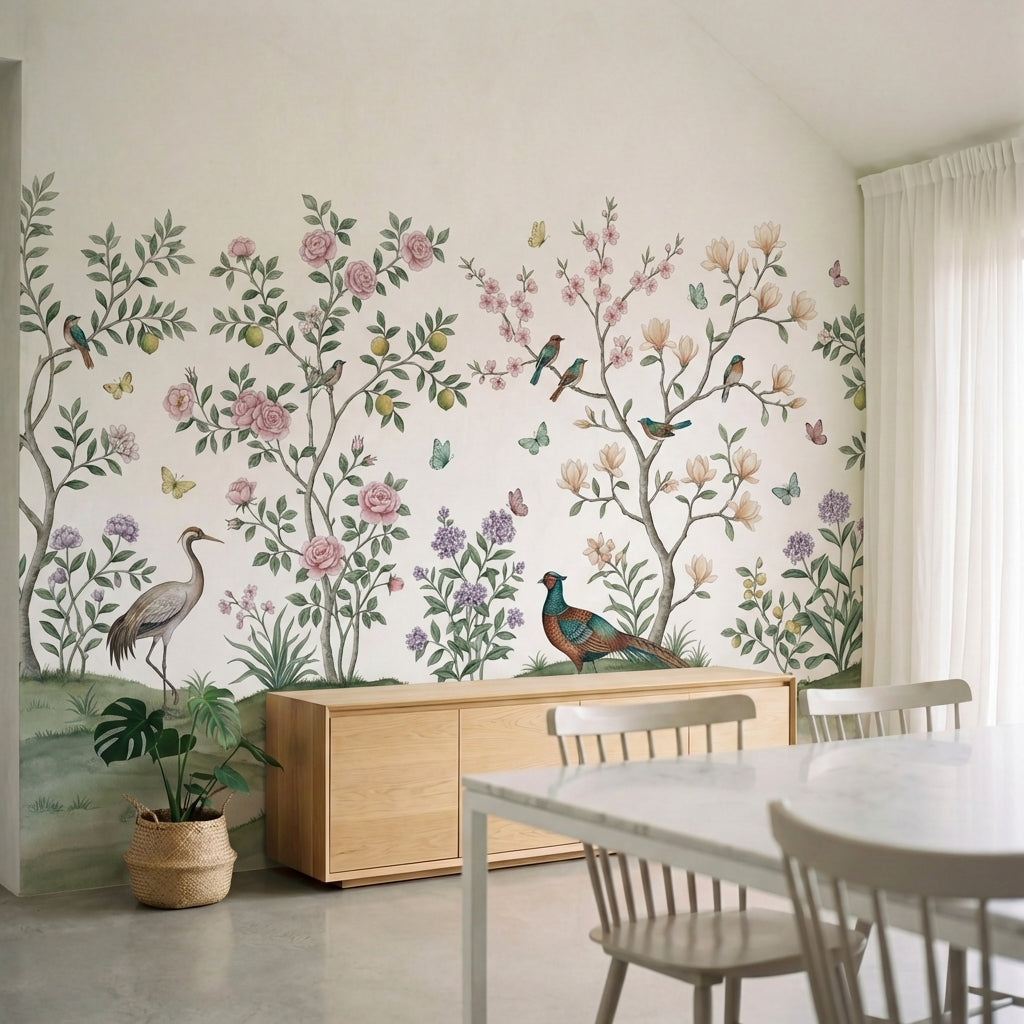 papier peint panoramique chinoiserie oiseaux branches fleuries grues paon tons r-2