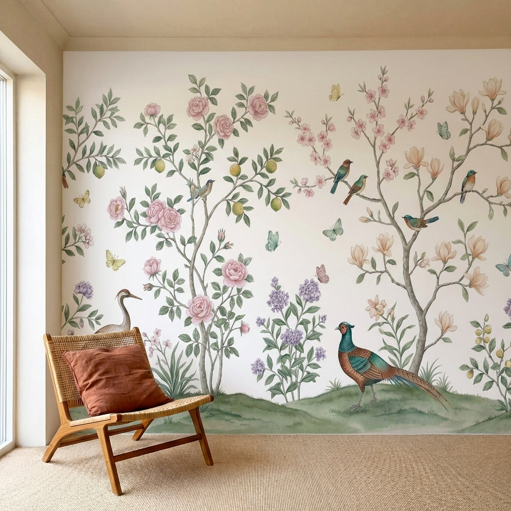 papier peint panoramique chinoiserie oiseaux branches fleuries grues paon tons r-3