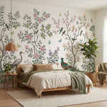 papier peint panoramique chinoiserie oiseaux branches fleuries grues paon tons r-7