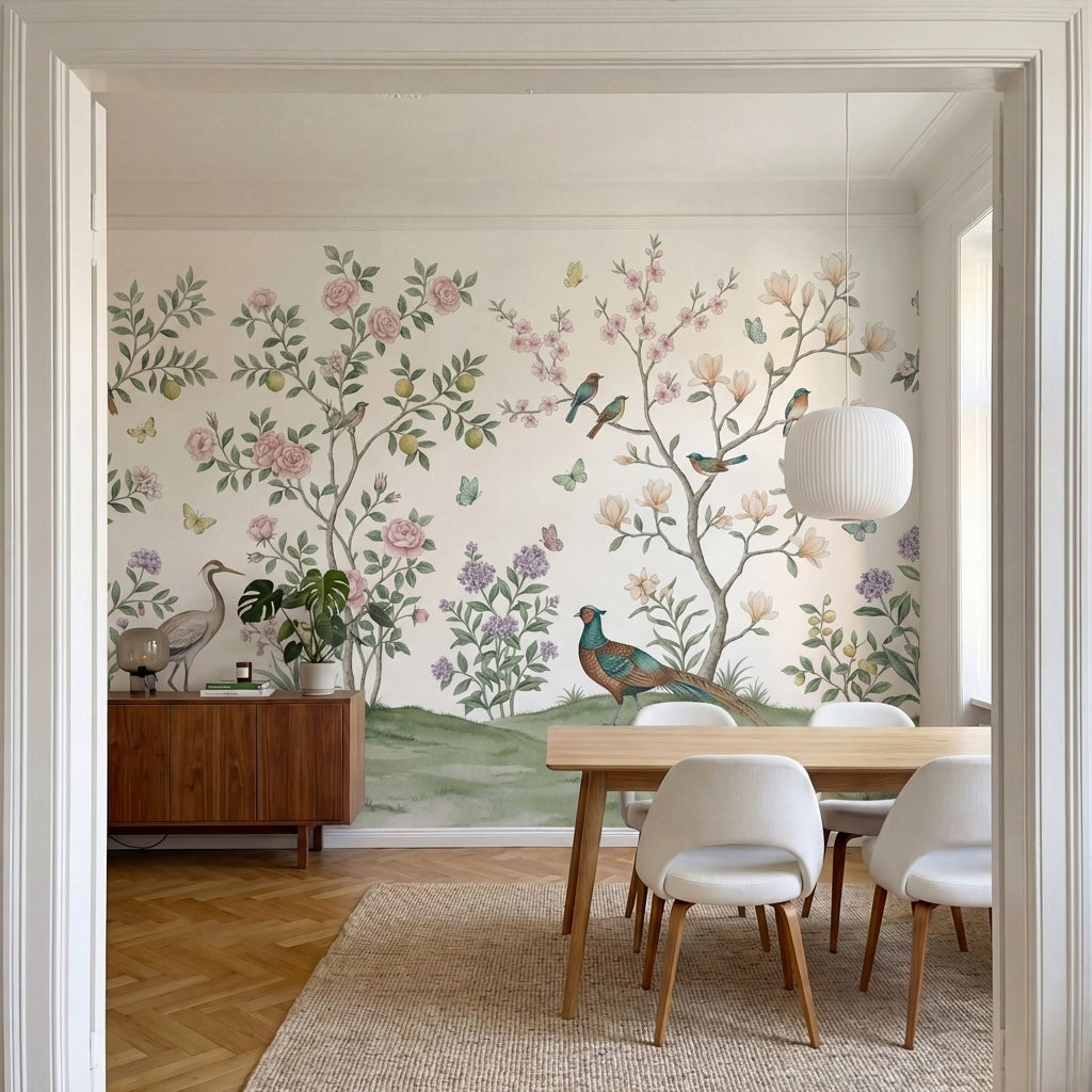 papier peint panoramique chinoiserie oiseaux branches fleuries grues paon tons r-8