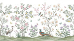 Papier peint panoramique chinoiserie - Oiseaux branches fleuries grues paon tons rose poudré beige et vert sauge sur mesure - Design