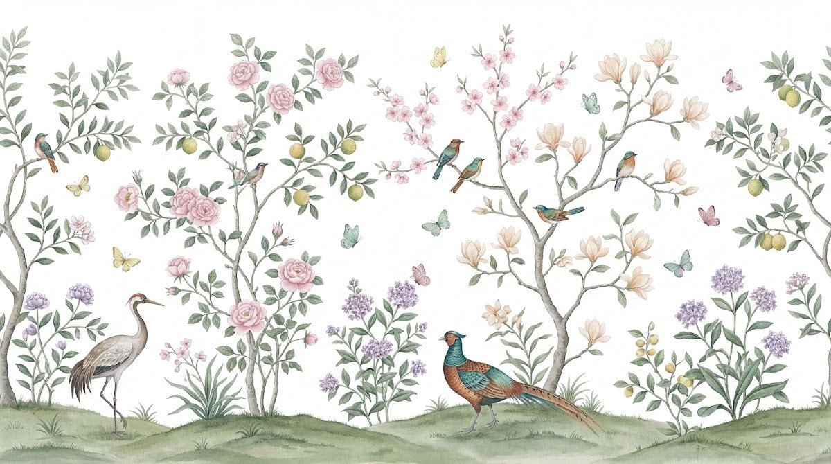 Papier peint panoramique chinoiserie - Oiseaux branches fleuries grues paon tons rose poudré beige et vert sauge sur mesure - Design