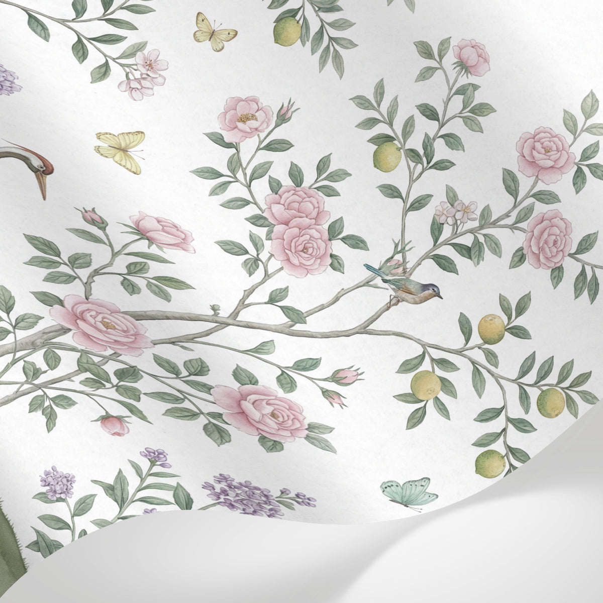 Papier peint panoramique chinoiserie - Oiseaux branches fleuries grues paon tons rose poudré beige et vert sauge sur mesure - Matière