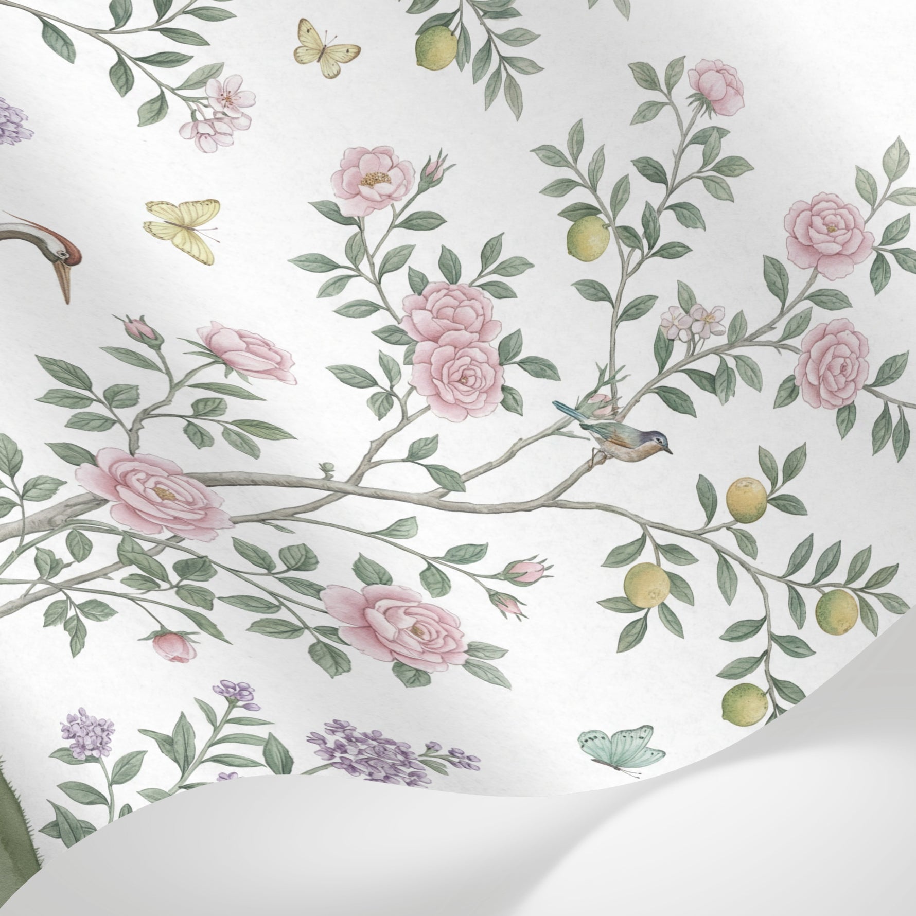 Papier peint panoramique chinoiserie - Oiseaux branches fleuries grues paon tons rose poudré beige et vert sauge sur mesure - Matière