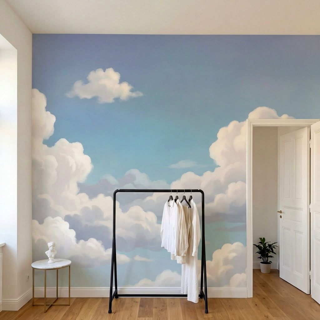 papier peint panoramique ciel nuages blancs volumineux fond bleu azur degrade-1