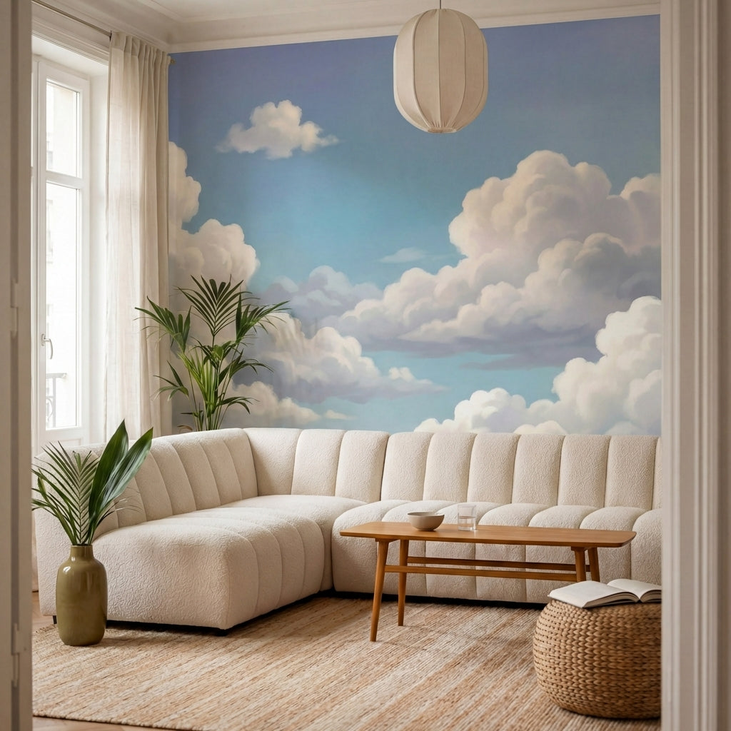 papier peint panoramique ciel nuages blancs volumineux fond bleu azur degrade-7