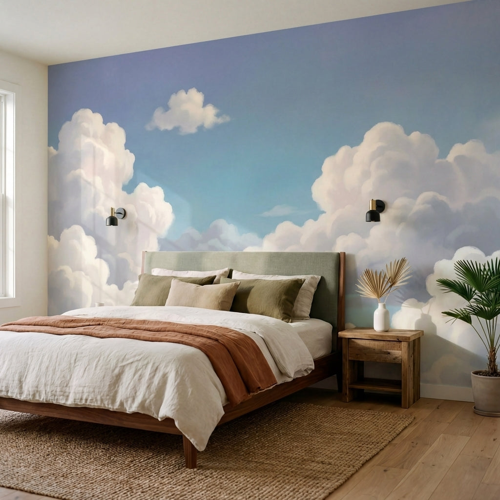 papier peint panoramique ciel nuages blancs volumineux fond bleu azur degrade-8