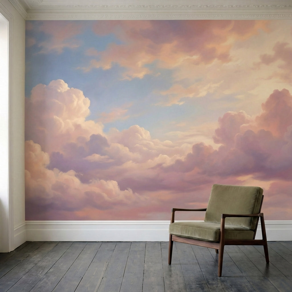 papier peint panoramique ciel nuages roses coucher soleil degrade pastel tons ro-1