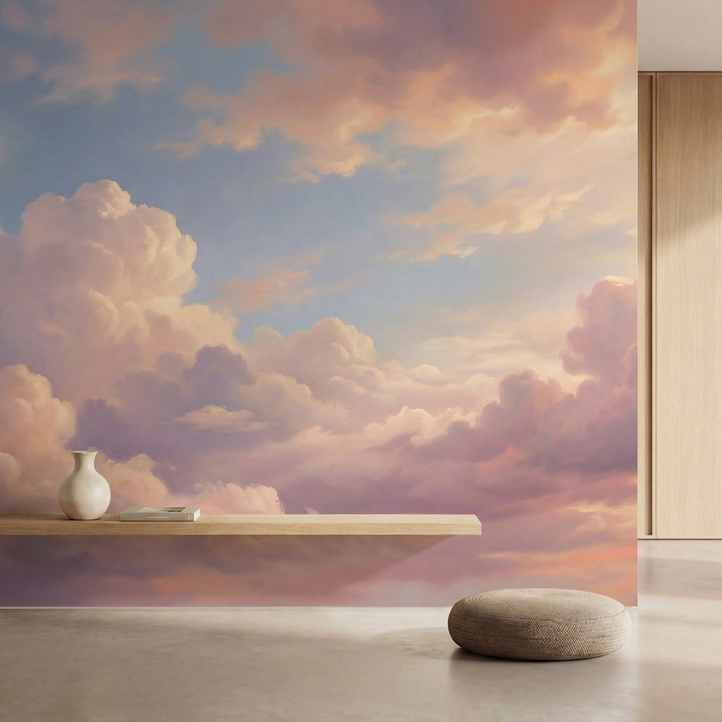 papier peint panoramique ciel nuages roses coucher soleil degrade pastel tons ro-2