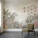 papier peint panoramique flamant rose oiseaux tropicaux jungle exotique feuillag-1