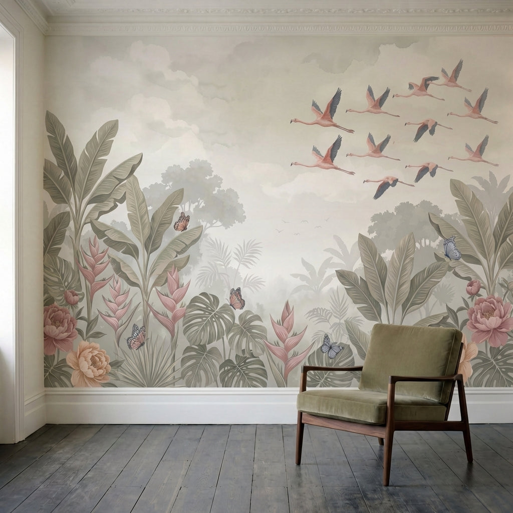papier peint panoramique flamant rose oiseaux tropicaux jungle exotique feuillag-1