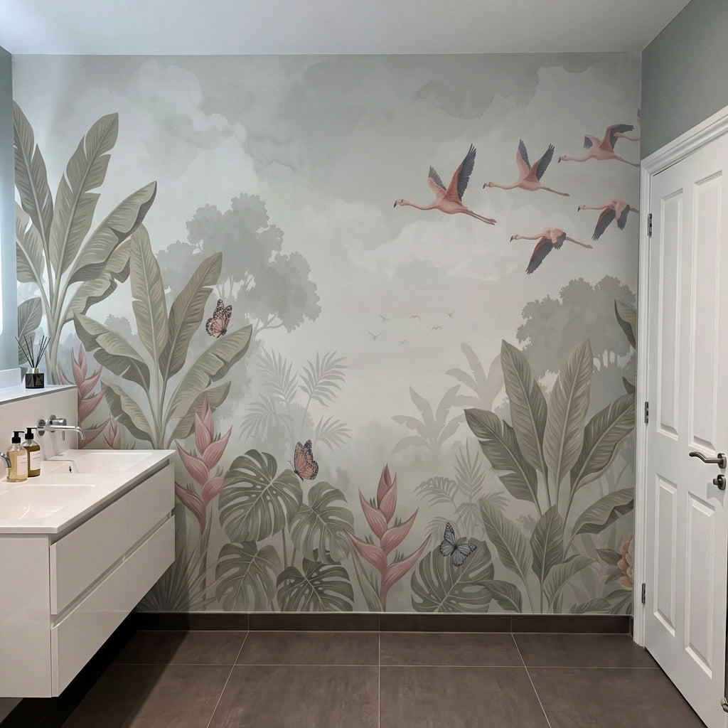 papier peint panoramique flamant rose oiseaux tropicaux jungle exotique feuillag-7