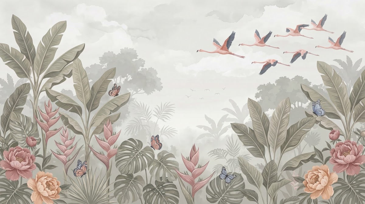 Papier peint panoramique flamant rose - Oiseaux tropicaux jungle exotique feuillage palmiers tons beige crème sur mesure - Design