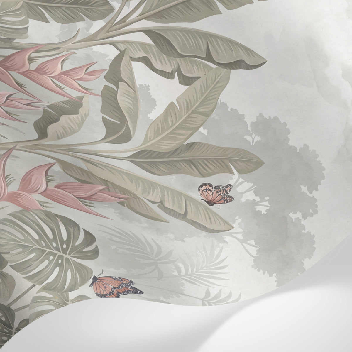 Papier peint panoramique flamant rose - Oiseaux tropicaux jungle exotique feuillage palmiers tons beige crème sur mesure - Matière