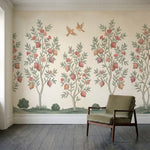 papier peint panoramique fleurs grenadiers fruits roses oiseaux feuillage fond b-5
