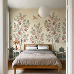 papier peint panoramique fleurs grenadiers fruits roses oiseaux feuillage fond b-7