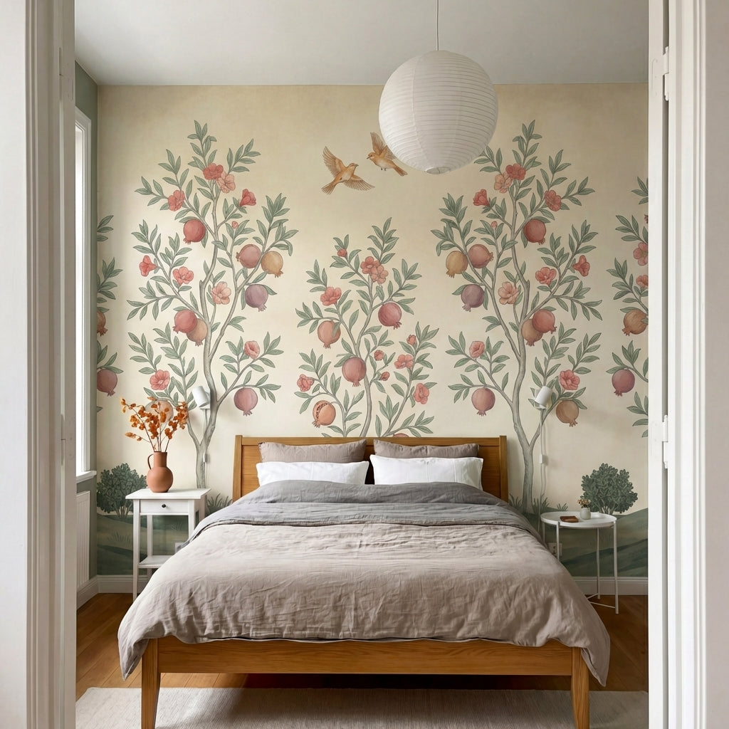 papier peint panoramique fleurs grenadiers fruits roses oiseaux feuillage fond b-7