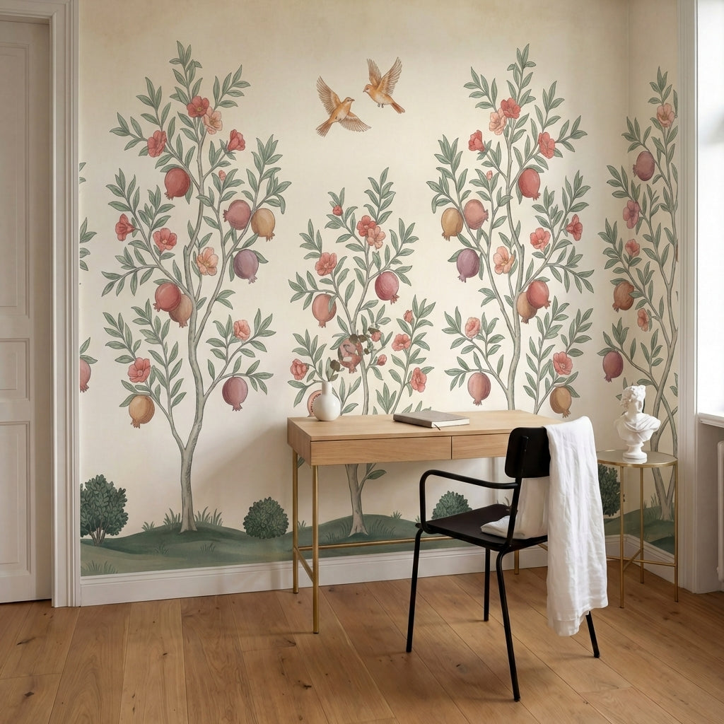 papier peint panoramique fleurs grenadiers fruits roses oiseaux feuillage fond b-8