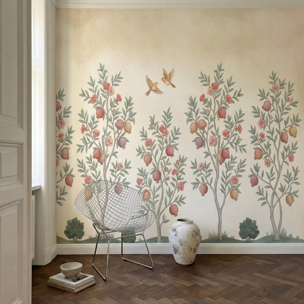 papier peint panoramique fleurs grenadiers fruits roses oiseaux feuillage fond b-HERO-6