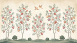 Papier peint panoramique fleurs - Grenadiers fruits roses oiseaux feuillage fond beige rosé sur mesure - Design