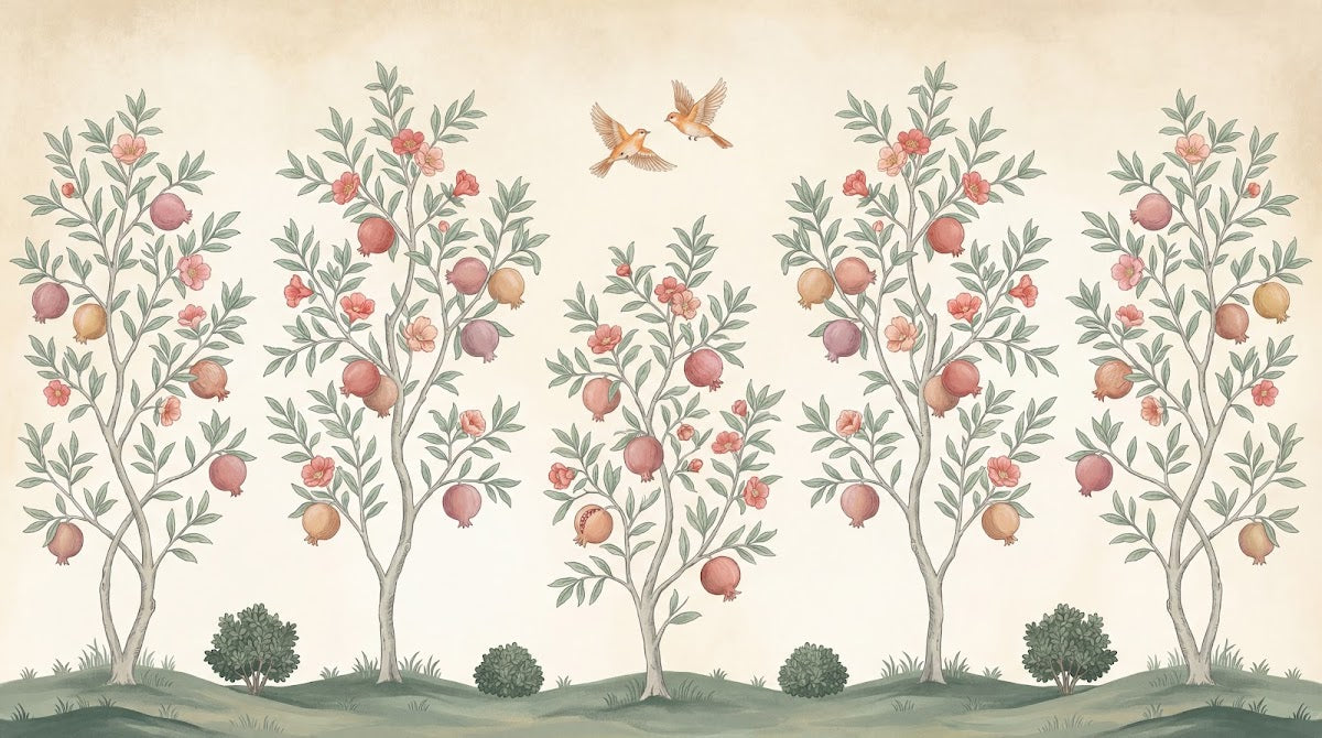 Papier peint panoramique fleurs - Grenadiers fruits roses oiseaux feuillage fond beige rosé sur mesure - Design