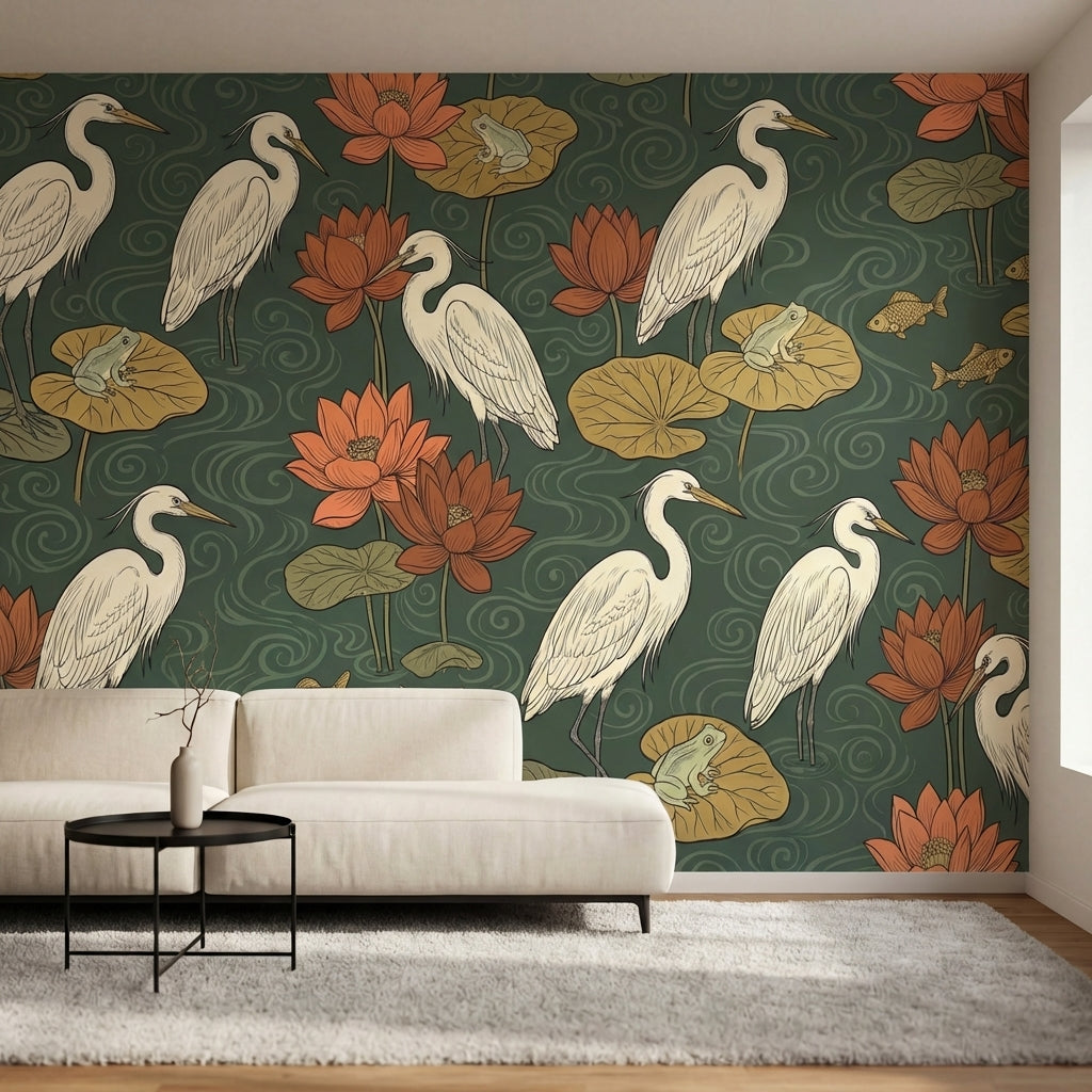 papier peint panoramique fleurs herons lotus nenuphars grenouilles poissons fond-2