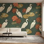 papier peint panoramique fleurs herons lotus nenuphars grenouilles poissons fond-2