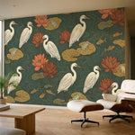 papier peint panoramique fleurs herons lotus nenuphars grenouilles poissons fond-3