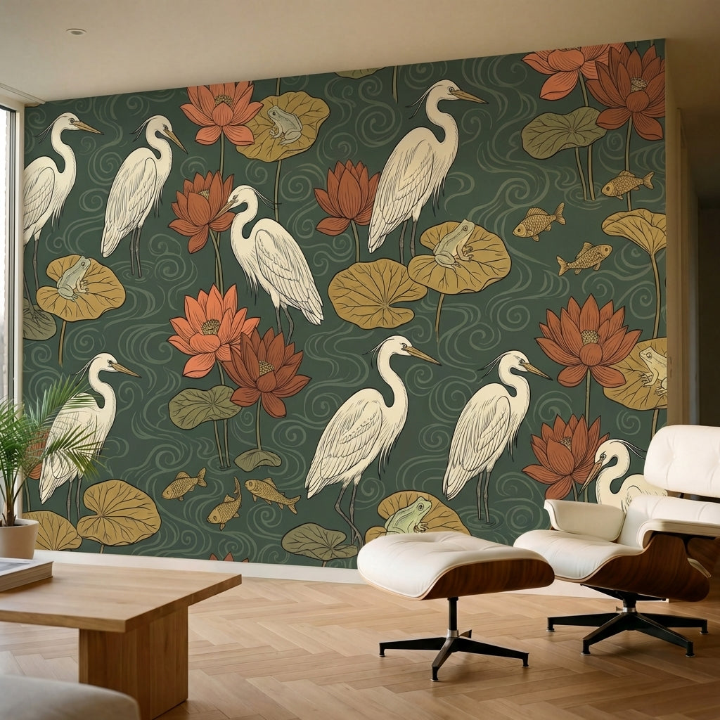 papier peint panoramique fleurs herons lotus nenuphars grenouilles poissons fond-3