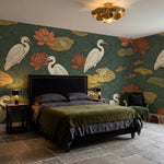 papier peint panoramique fleurs herons lotus nenuphars grenouilles poissons fond-6