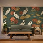 papier peint panoramique fleurs herons lotus nenuphars grenouilles poissons fond-7