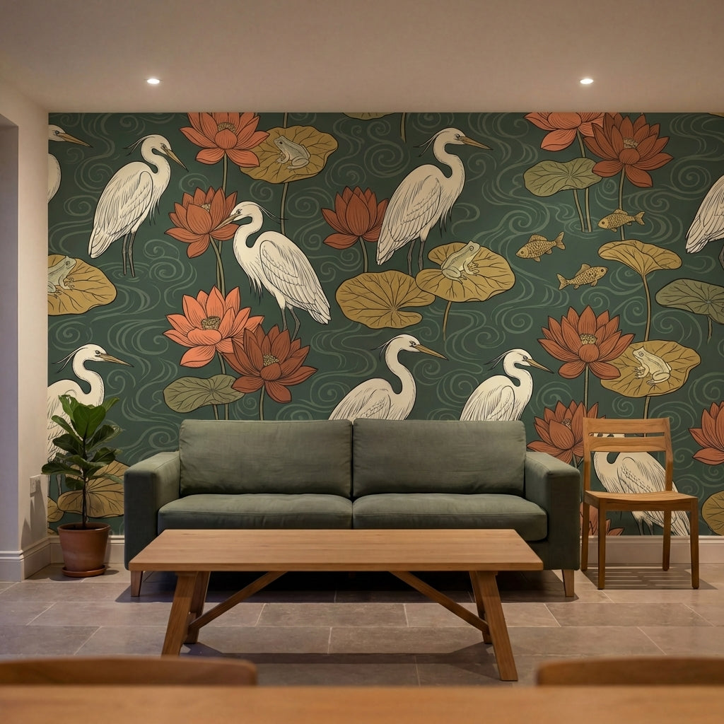 papier peint panoramique fleurs herons lotus nenuphars grenouilles poissons fond-7