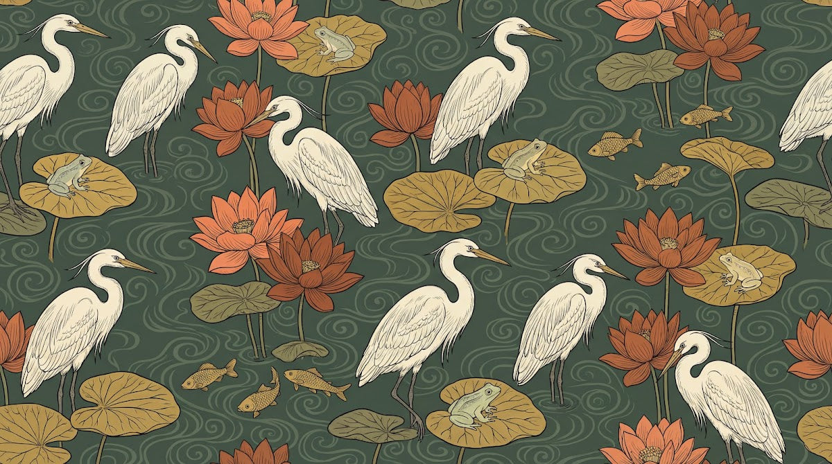 Papier peint panoramique fleurs - Hérons lotus nénuphars grenouilles poissons fond vert olive et orange sur mesure - Design