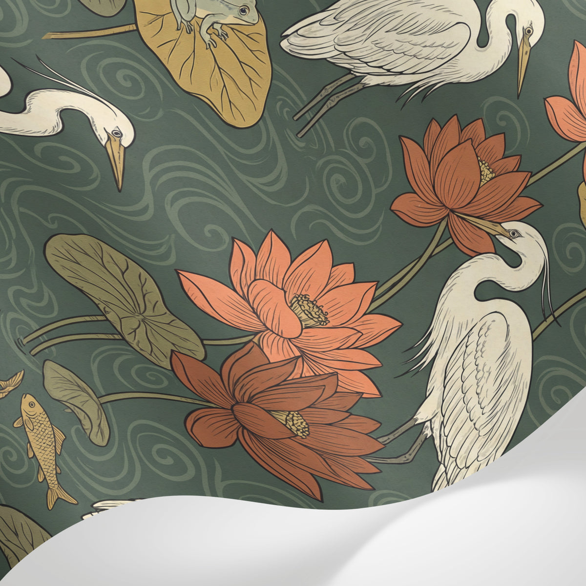 Papier peint panoramique fleurs - Hérons lotus nénuphars grenouilles poissons fond vert olive et orange sur mesure - Matière
