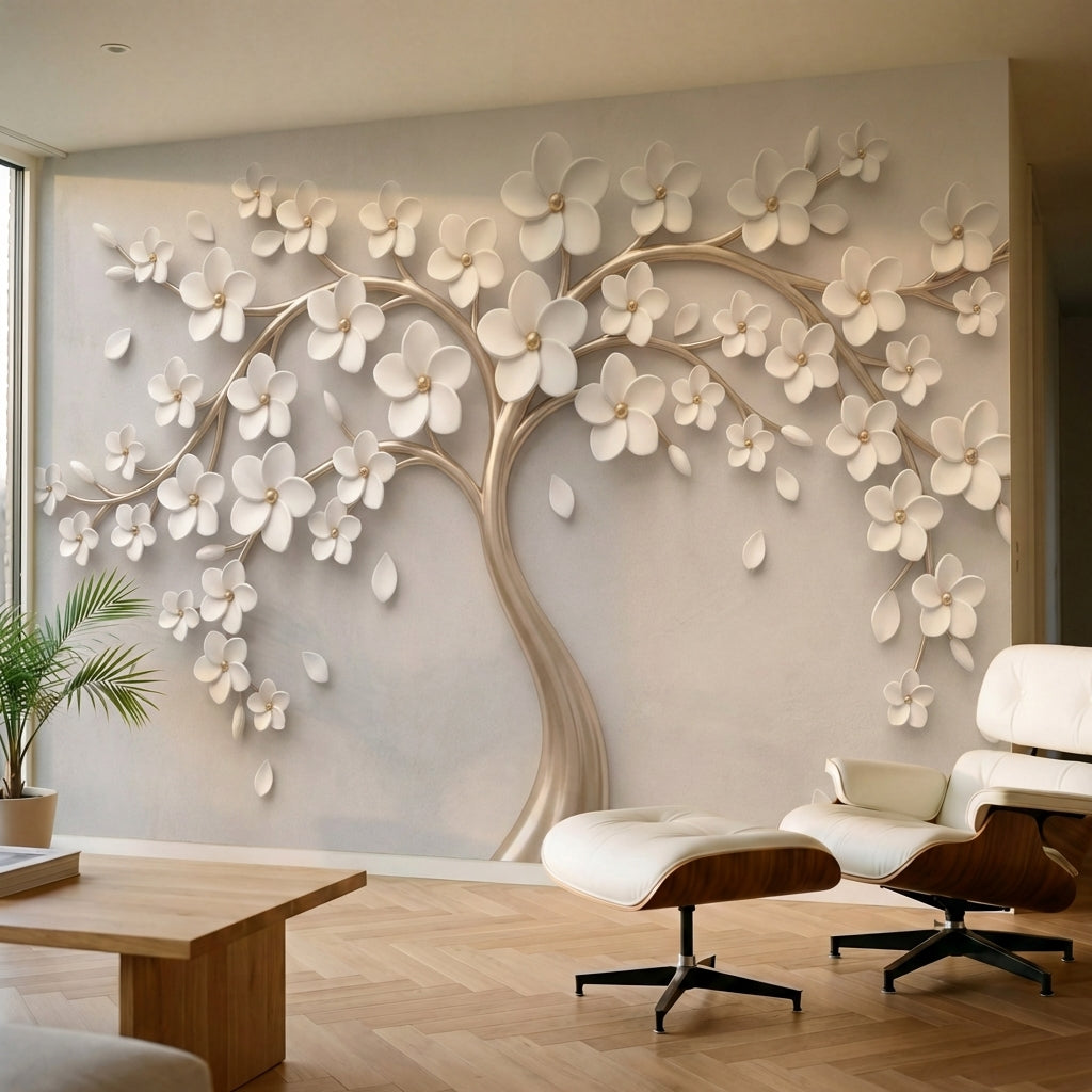 papier peint panoramique floral arbre stylise fleurs blanches branches dorees fo-1