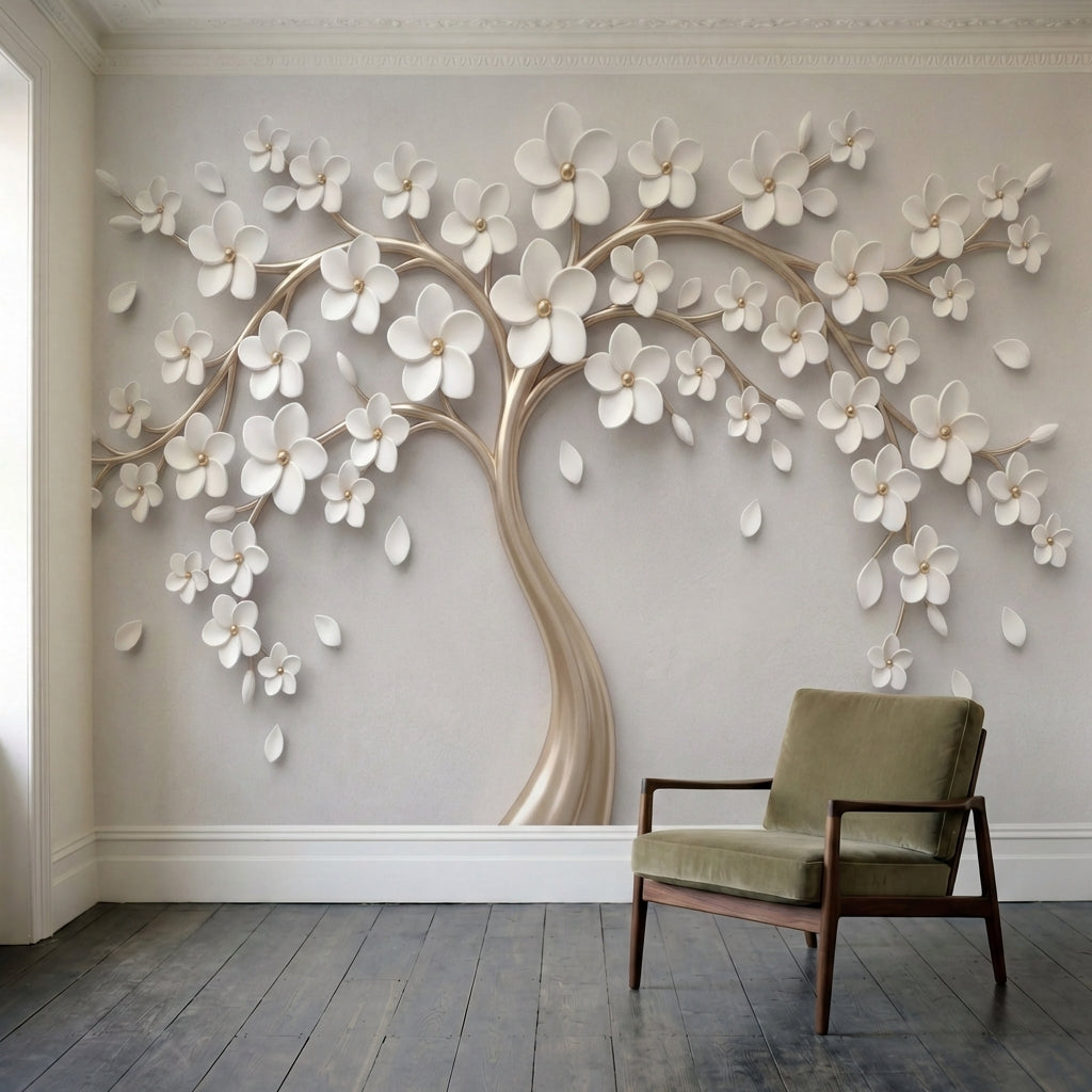 papier peint panoramique floral arbre stylise fleurs blanches branches dorees fo-1