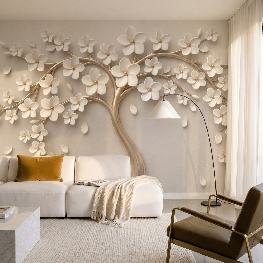 papier peint panoramique floral arbre stylise fleurs blanches branches dorees fo-6