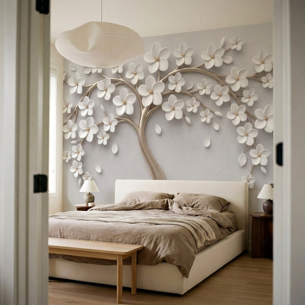 papier peint panoramique floral arbre stylise fleurs blanches branches dorees fo-7