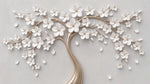 Papier peint panoramique floral - Arbre stylisé fleurs blanches branches dorées fond beige crème sur mesure - Design