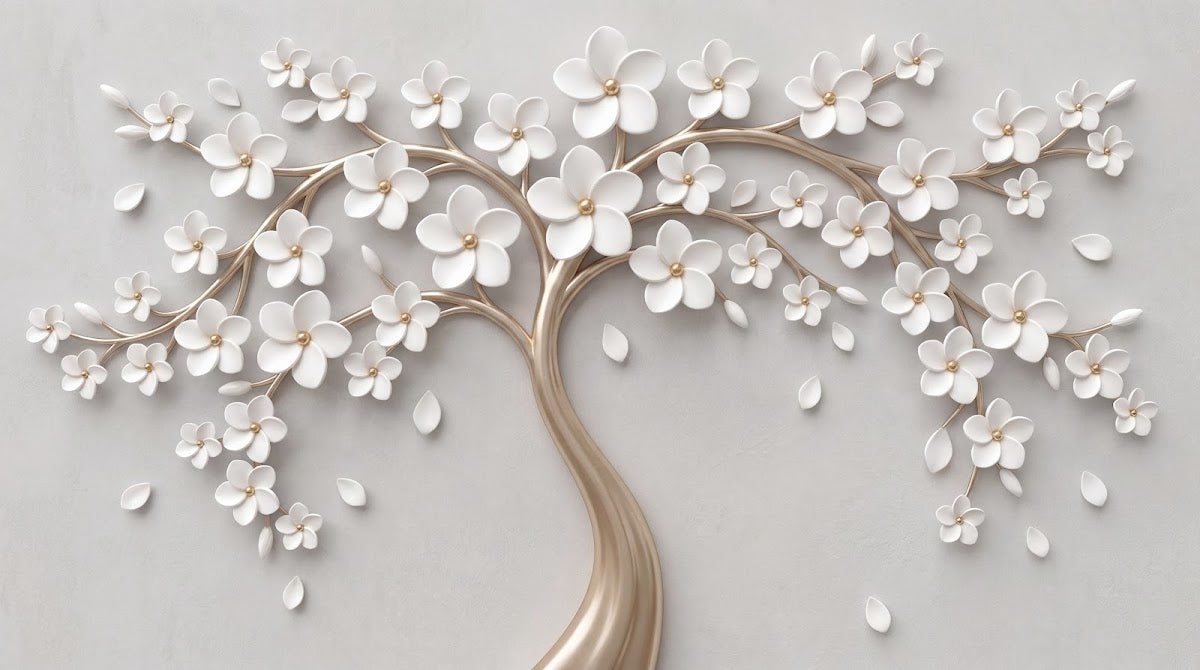 Papier peint panoramique floral - Arbre stylisé fleurs blanches branches dorées fond beige crème sur mesure - Design