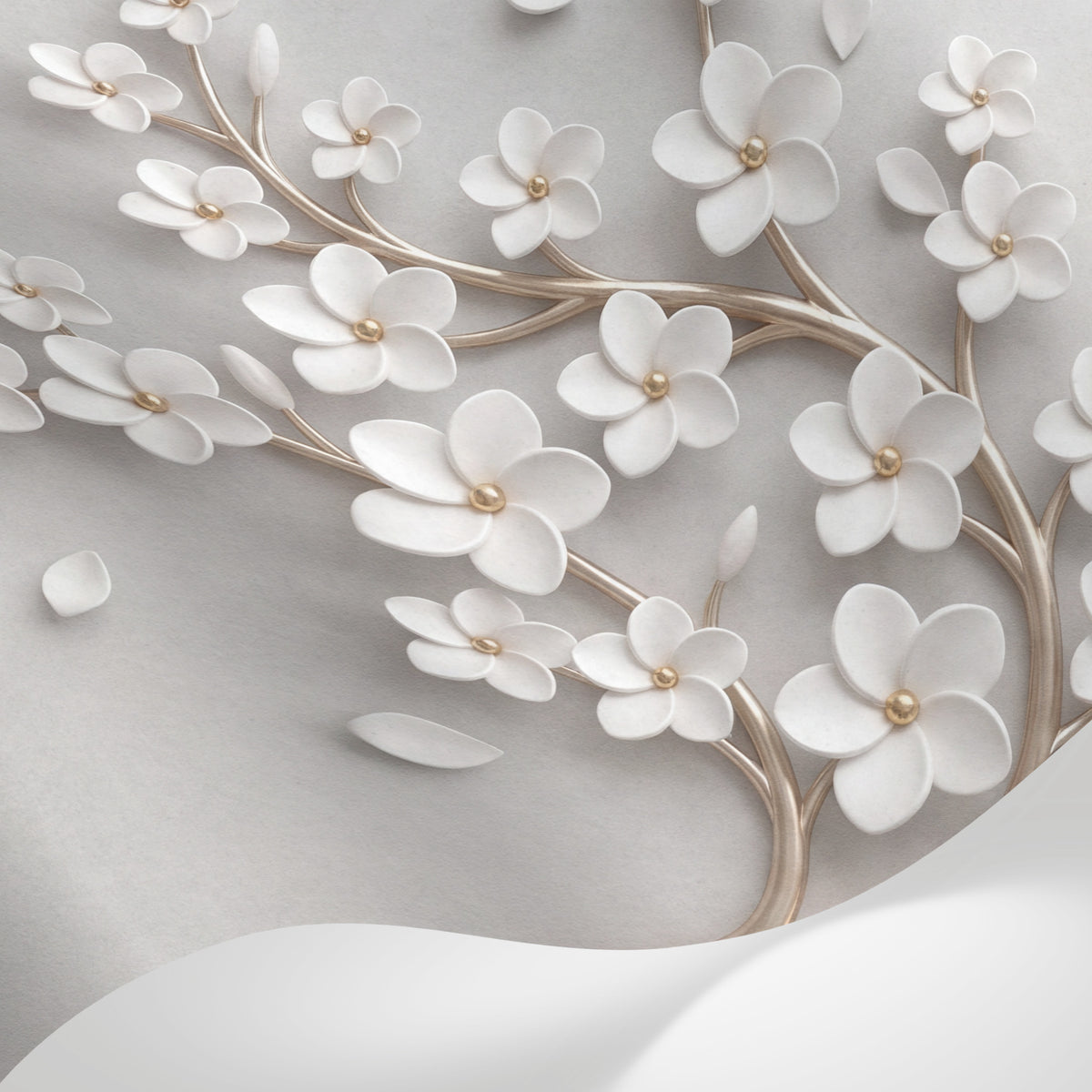 Papier peint panoramique floral - Arbre stylisé fleurs blanches branches dorées fond beige crème sur mesure - Matière