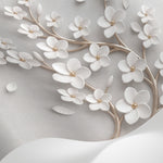 Papier peint panoramique floral - Arbre stylisé fleurs blanches branches dorées fond beige crème sur mesure - Matière