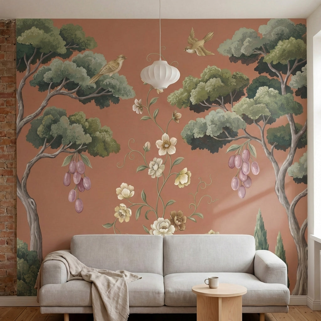 papier peint panoramique floral arbres fruitiers fleurs blanches oiseaux fond te-2