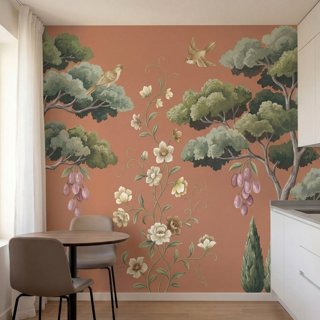 papier peint panoramique floral arbres fruitiers fleurs blanches oiseaux fond te-3