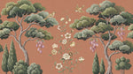 Papier peint panoramique floral - Arbres fruitiers fleurs blanches oiseaux fond terracotta et vert sur mesure - Design